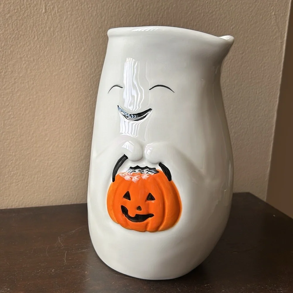 Trick Or Treat Ghost Pumpkin Ceramic Pitcher Halloween New Hand Painted 9”